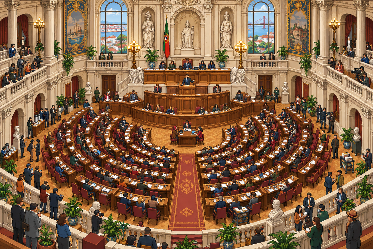 Um hemiciclo cheio de deputados, secretárias, papéis e pequenos detalhes.
